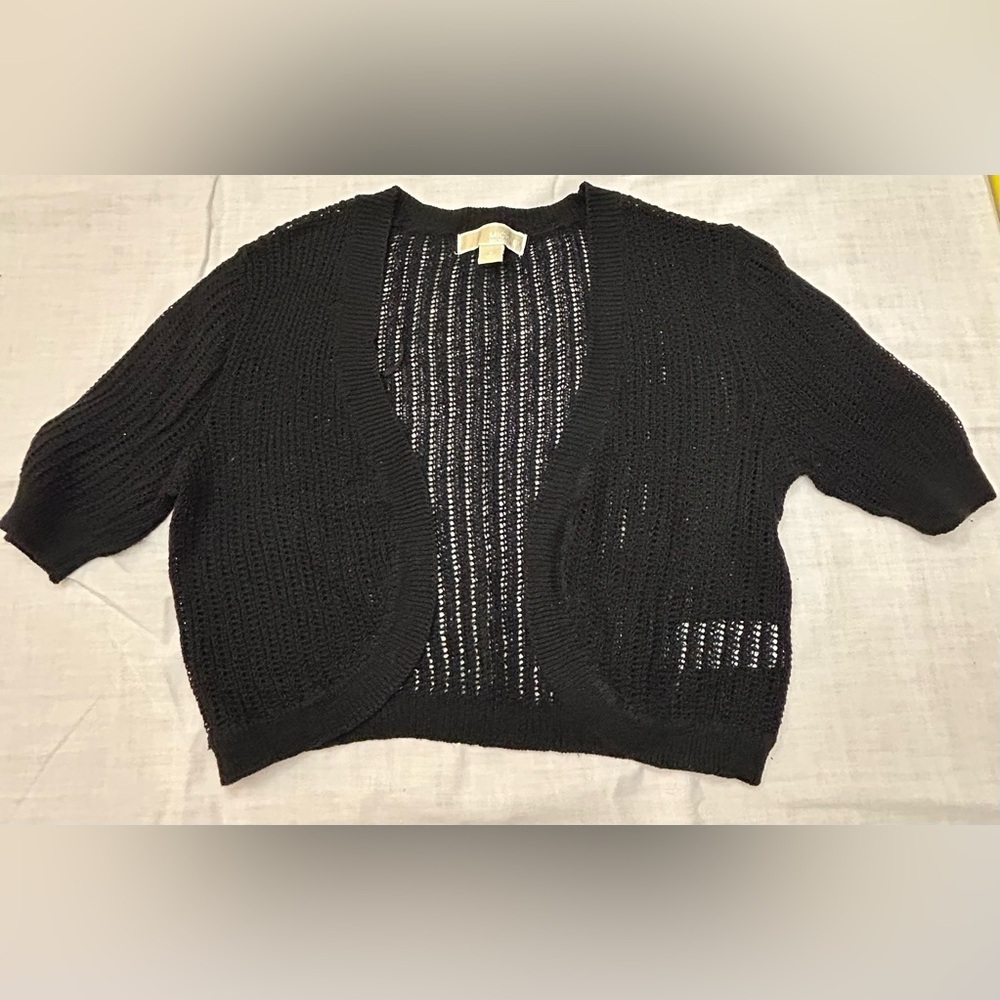 Michael Kors Women’s Cropped Black Open-Knit Cardigan - Linen/cotton blend - Picture 1 of 8